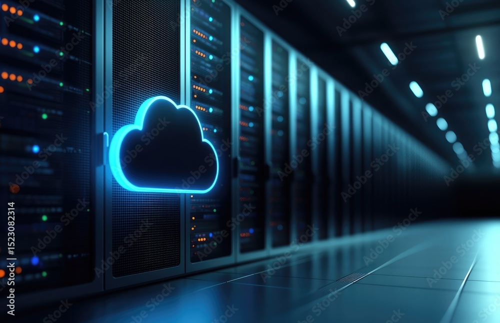 Poster Futuristic server room with illuminated cloud icon representing cloud computing and data storage, ideal for technology presentations, IT services promotions, and digital infrastructure themes