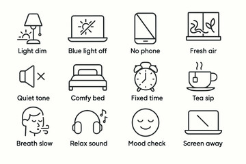 Nighttime routine icons: sleep habits and relaxation symbols