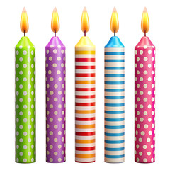 Row Of Five Colorful Lit Birthday Candles With Dripping Wax
