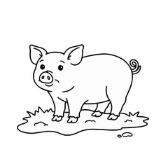 Fototapeta premium Coloring page, cartoon pig standing on grass in a simple outline style 