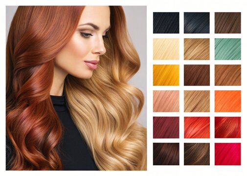 Woman with long red and blonde hair color chart