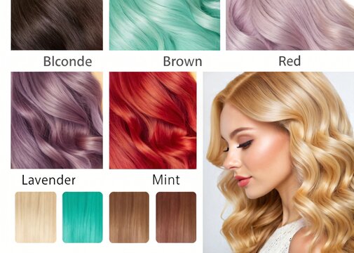 Hair color chart with blonde lavender mint and red shades