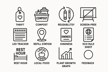 Eco-friendly icons: thrift, compost, reusability, and sustainability symbols