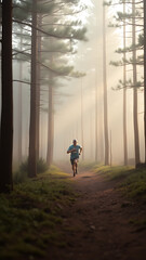 Fototapeta premium Trail runner moving through a misty pine forest in the morning vertical