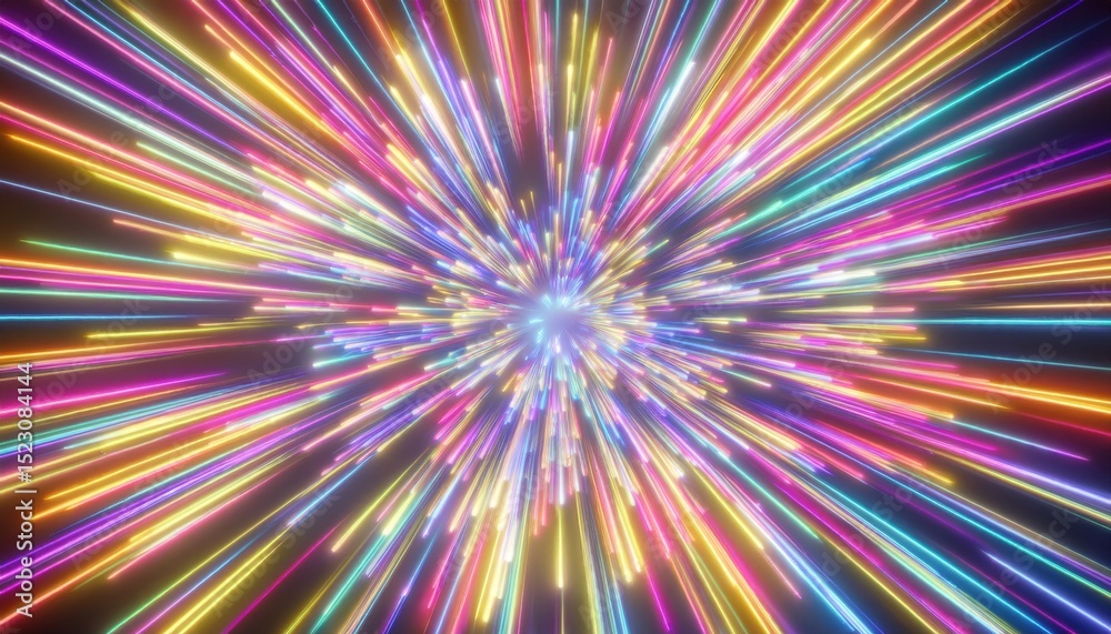 Aufkleber  exploding multicolor neon light burst with radial motion blur for futuristic web background, digital print, poster, or branding design in sci-fi, cyberpunk, and high-energy visual projects