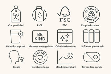 Naklejka premium Eco-friendly icons with labels for sustainability and mindfulness design elements