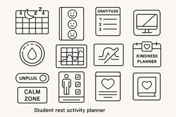 Student rest activity planner with icons for gratitude, kindness, and wellness tracking