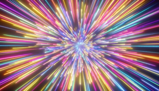  exploding multicolor neon light burst with radial motion blur for futuristic web background, digital print, poster, or branding design in sci-fi, cyberpunk, and high-energy visual projects