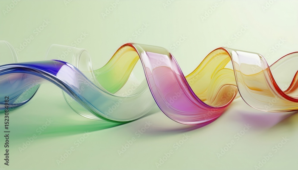 Poster  fluid glass wave ribbon in rainbow spectrum colors on soft green background, abstract 3d shape for web design, branding, digital art, or minimalist print media concept