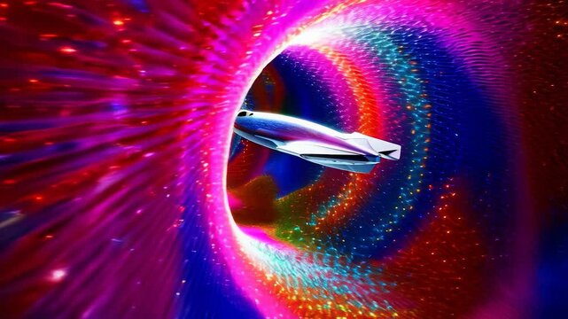 Sci-fi spaceship flying into vibrant multicolored hyperspace tunnel with glowing swirl patterns - space jump and interstellar travel concept