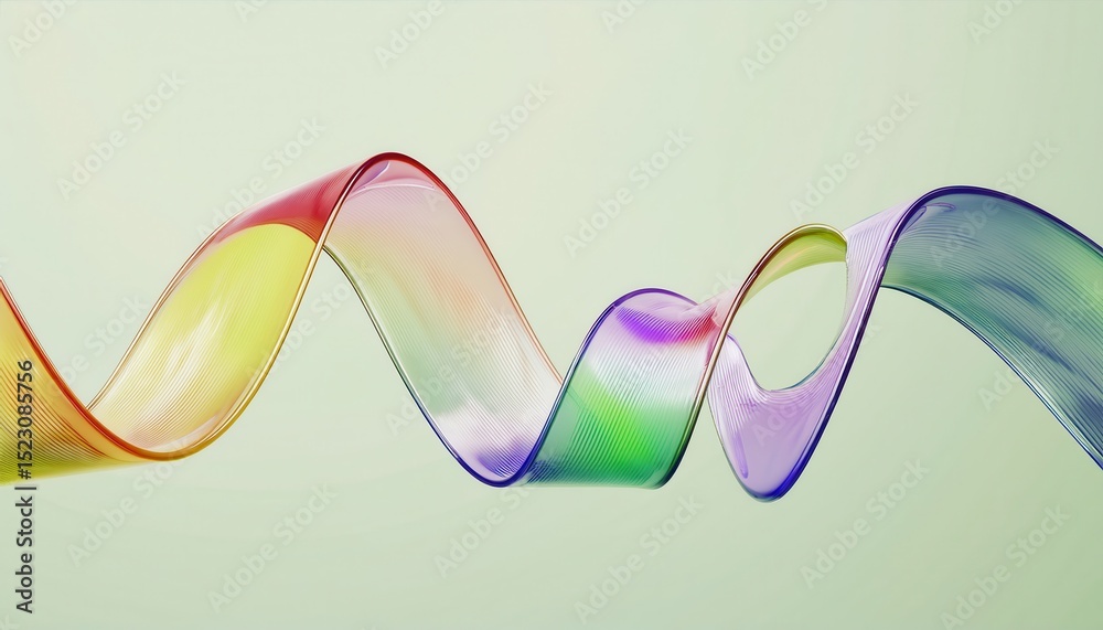 Poster fluid glass wave ribbon in rainbow spectrum colors on soft green background, abstract 3d shape for w