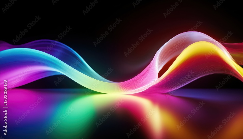 Poster  vibrant multicolor neon lightwave curve on black background with glossy reflection for modern web design, tech branding, abstract print, or futuristic digital interface concept
