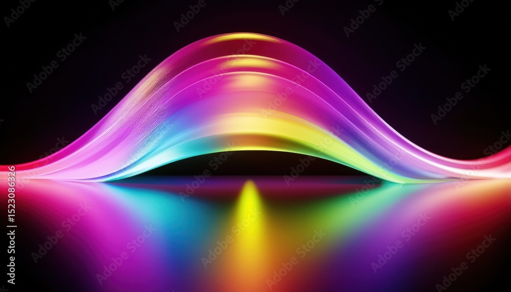 Poster  vibrant multicolor neon lightwave curve on black background with glossy reflection for modern web design, tech branding, abstract print, or futuristic digital interface concept
