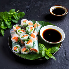 Fresh Salmon Rice Paper Rolls with Soy Sauce and Mint  