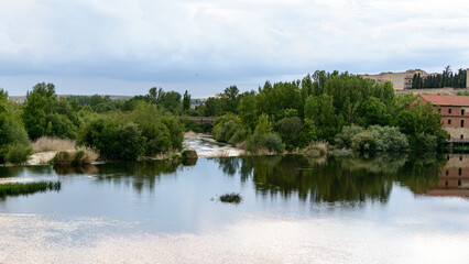 Calm river with reflections and green trees under cloudy sky