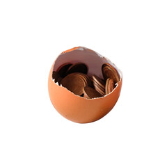 A coin in egg shell on white background.
