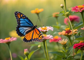 Fototapeta premium Colorful butterfly on zinnia flowers in garden
