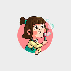 mascot logo cute cartoon sweet and cheerful little girl playing with soap bubbles