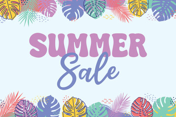 Promotion poster with colourful hand drawn tropical leaves. Summer Sale background. Vector illustration