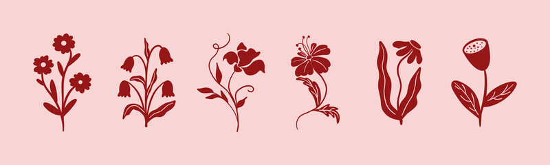 Set of abstract cut-out flower and leaf shape. Floral papercut blossom doodle elements, minimal organic blossom stickers. Vector blooming plant collection