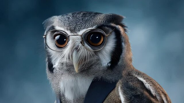 Owl portrait with glasses showcases bird intelligence, education, and wildlife