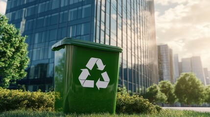 Recycling bin with white recycle symbol near office