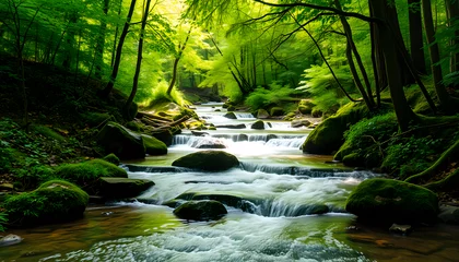 lush forest stream with vibrant green nature and soothing water flow, pop-art. White tone
