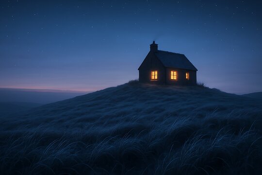 cozy cottage on a hill at twilight with glowing windows under starry sky peaceful countryside scene