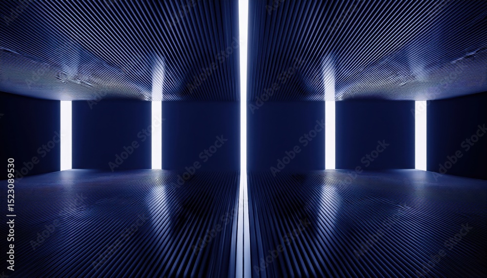 Aufkleber futuristic blue corridor with vertical light beams and ribbed texture for sci-fi concept design, dig