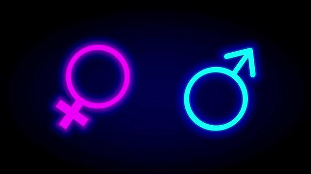 A neon-themed depiction of male and female gender symbols, representing concepts of identity, sexuality, and gender in digital design