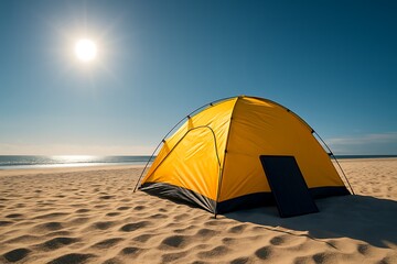 solar panel beside yellow camping tent on sandy beach, renewable energy for outdoor camping under sunlight