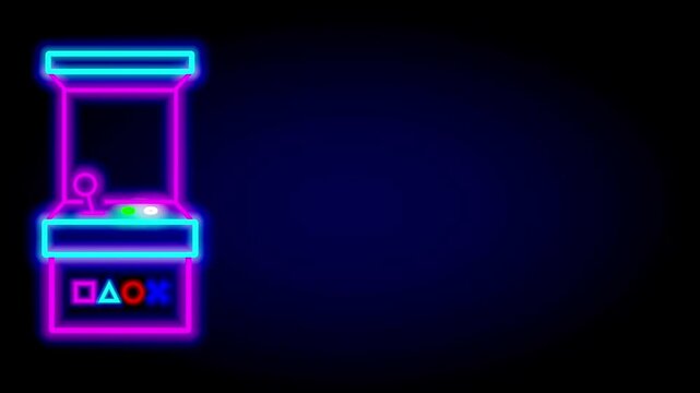 A neon claw machine with a retro arcade vibe stands alone in the dark, glowing with pink and blue lights, evoking nostalgic gaming charm