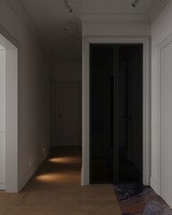The interior design of a modern white home corridor features an open wardrobe ,a white wall and wooden floor, and a doorway leading through to a living room. 3d render, 3d illustration