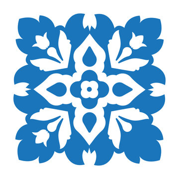 Oriental Folk Tile - Modern Wall Art - Ornate Blue Floral Tile