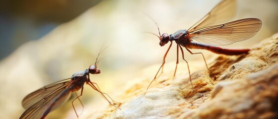 Insects interacting on rocky surface in nature