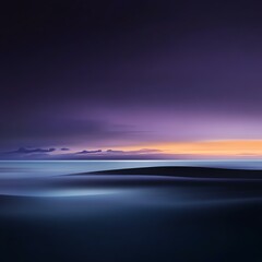 A serene coastal landscape featuring calm waters and a stunning gradient of purple and blue skies at sunset. Perfect for evoking tranquility and natural beauty.