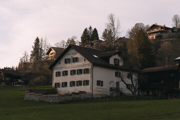 Traditional white houses standing on green hill in switzerland countryside