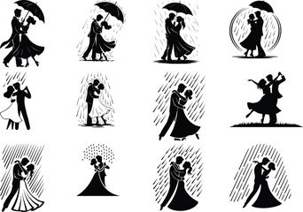 Couple Dancing in Rain Silhouette &ndash; Romantic Love Scene Vector Rain Dance Couple Silhouette &ndash; Love, Romance & Monsoon Mood