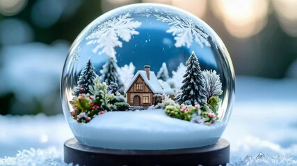 Miniature snow-covered house surrounded by frosted trees encased inside a decorative glass snow globe on a snowy winter landscape - Powered by Adobe