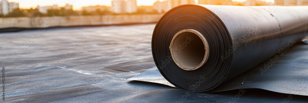 Poster black roll of material on rooftop against sunset backdrop generative ai