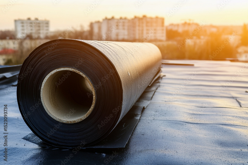 Poster high-quality roll of black material on rooftops during sunset generative ai