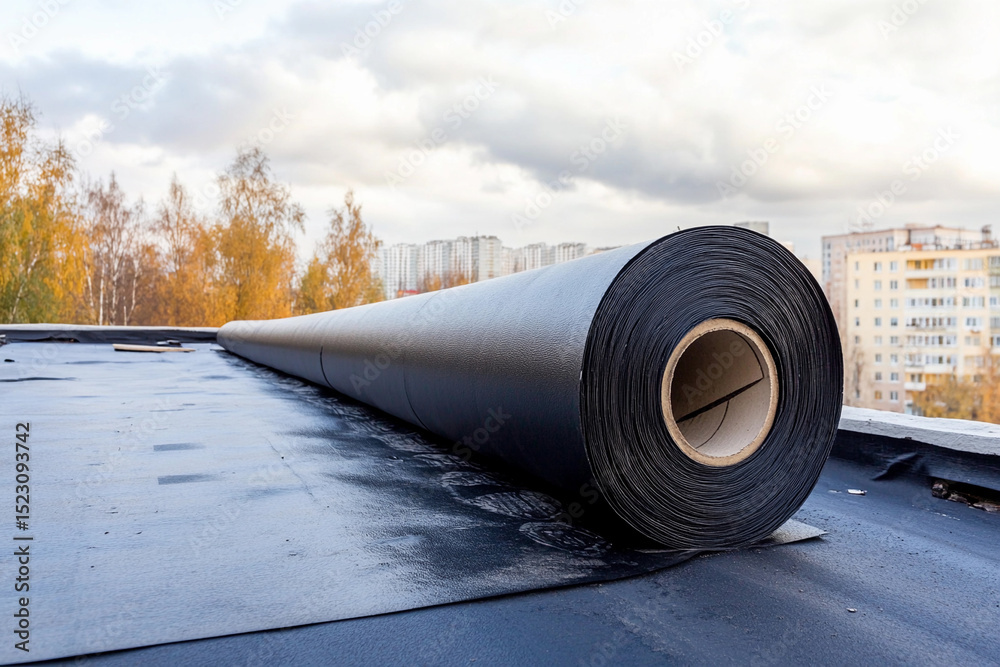 Poster Roll of black material on rooftop with distant buildings Generative AI