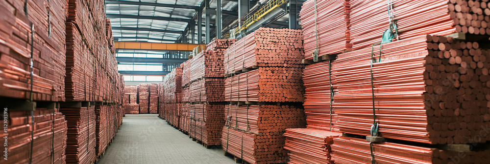 Poster stacks of copper stored in industrial warehouse environment generative ai