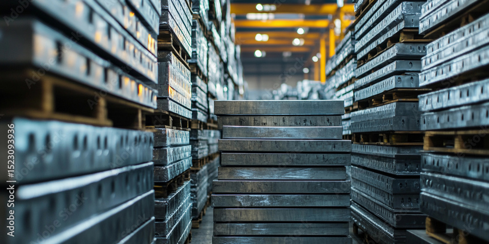 Poster Stacks of metallic plates arranged in a warehouse setting Generative AI