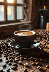 Coffee cup with coffee beans on the table  illustration