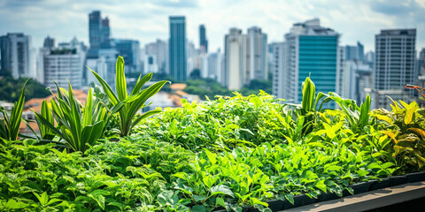 Fototapeta premium Urban rooftop garden filled with vibrant greenery and city view Generative AI