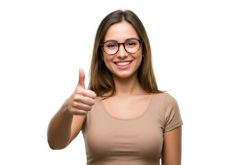 Happy young woman with glasses giving thumbs up gesture