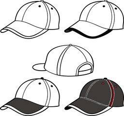 This image displays a collection of black and white outline illustrations of various styles of hats and caps.