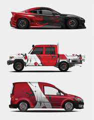 Red and Black Abstract Car Wrap Designs for Sports Car Pickup Truck and Van