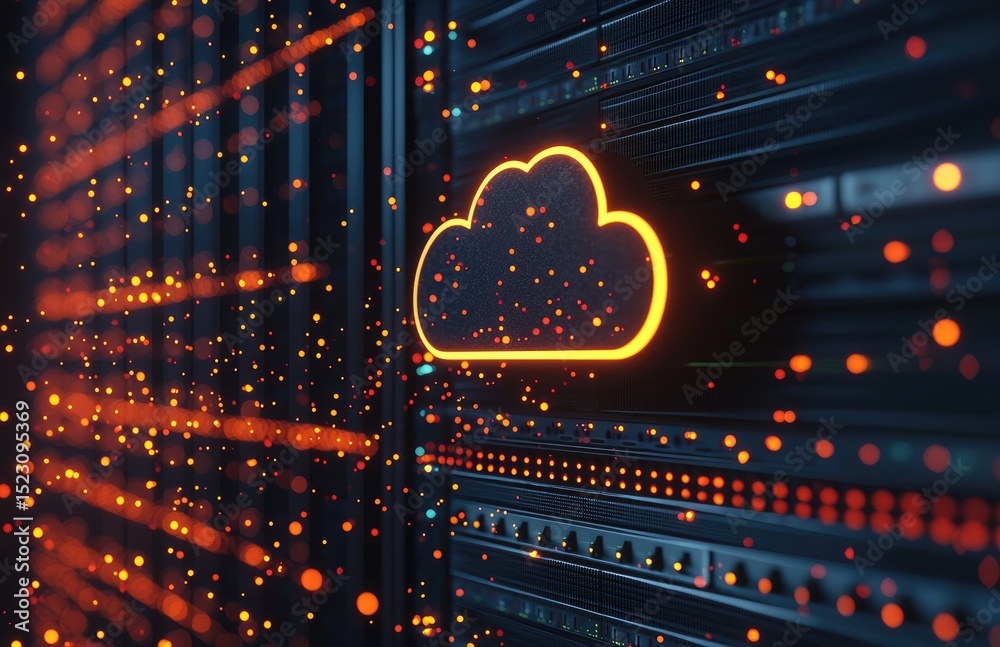 Fototapete 3D illustration of cloud computing in a server room with glowing orange neon cloud icon and scattered particles, symbolizing data transfer and digital infrastructure